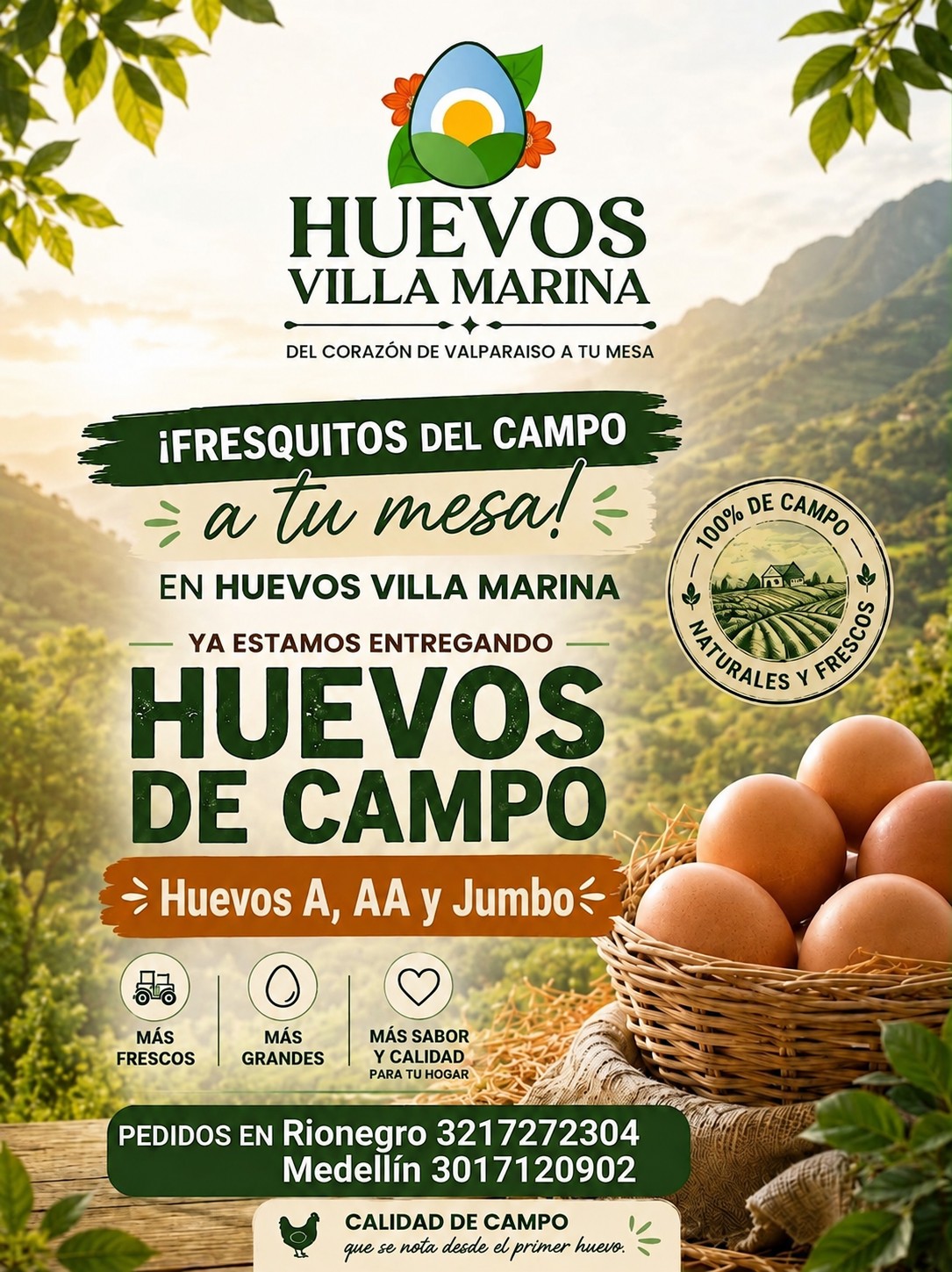 Afiche de Huevos Villa Marina: huevos de campo A, AA y Jumbo, fresquitos del campo a tu mesa