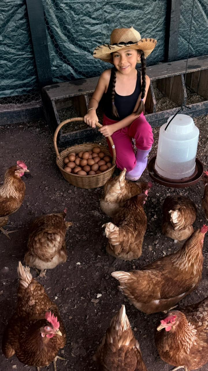 Niña con sombrero de paja sosteniendo una canasta de huevos recién recogidos entre las gallinas de Villa Marina
